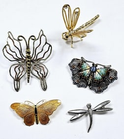 Assorted Dragonfly & Butterfly Brooches Silver & Gold Tone