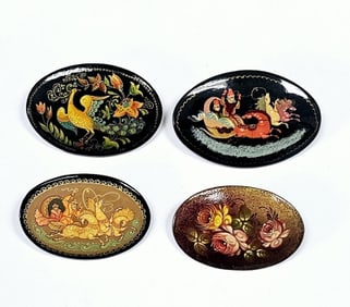 Russian Hand Painted Lacquer Pins Some signed.