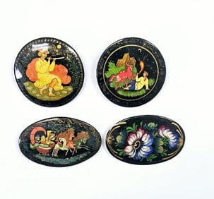Russian Hand Painted Lacquer Pins Some signed.