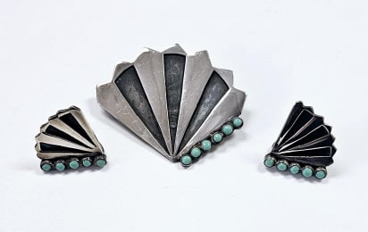 Sterling Silver Turquoise Fan Brooch & Earrings Set weighs 22.2 Grams total