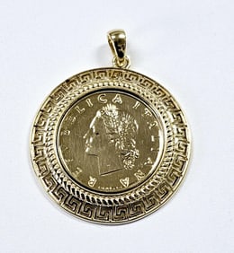 18K over Sterling 20 Lire Coin Greek Key Pendant Pendant weighs 8.2 Grams
