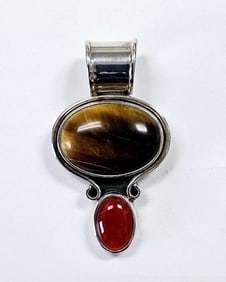 Sterling Silver Tiger's Eye & Carnelian Pendant Pendant weighs 19.6 Grams