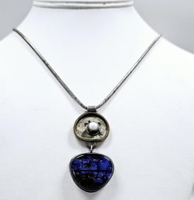 Sterling Silver Dichroic Glass & Pearl Necklace Necklace weighs 24.7 Grams Measures 22"