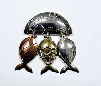 Sterling Silver Brass Copper Fish Brooch Signed Brooch weighs 8.6 Grams