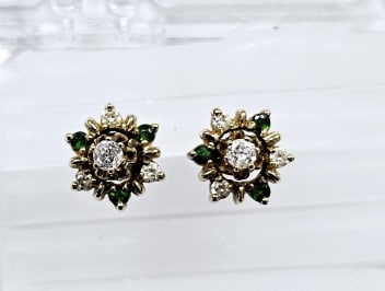14K Yellow Gold Diamond & Emerald Earrings Earrings weigh 1.6 Grams