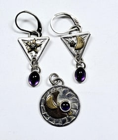Sterling Gold Filled Amethyst Moon Stars Set Earrings & pendant weigh 6.3 Grams Total