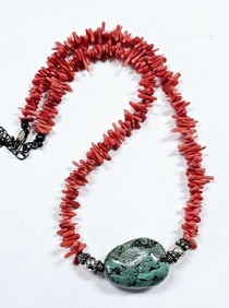 Sterling Silver Coral & Turquoise Necklace Necklace weighs 32.5 Grams Measures 16"