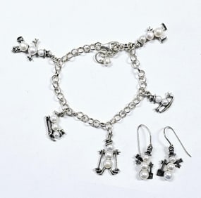 Sterling Genuine Pearl Snowman Bracelet & Earrings Earrings and bracelet weigh 18.8 Grams total