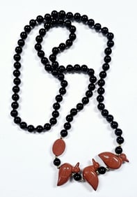 Carved Red Jasper Birds & Onyx Necklace Necklace weighs 81.2 Grams Measures 30"