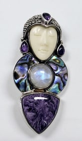 Sajen Sterling  Carved Goddess Gemstone Pendant Brooch weighs 24.7