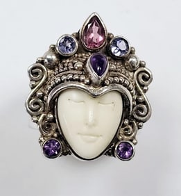 Sajen Sterling  Carved Goddess Gemstone Ring Ring weighs 16.3 Grams Size 6