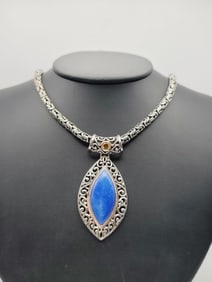Sterling Silver Lapis Lazuli Filigree Necklace Necklace Measures 20"  Necklace Weighs 71.6 Grams
