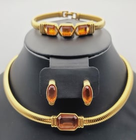 Monet Gold Tone Rhinestone Jewelry Set Necklace Measures 16"  Bracelet Measures 8"
