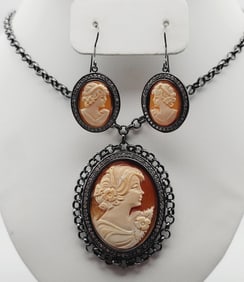 Amedeo Silver Cameo Necklace & Earrings Necklace Measures