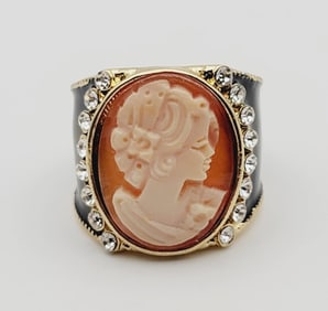 Amedeo Gold Tone Black Enamel Cameo Ring Ring Size 8.5