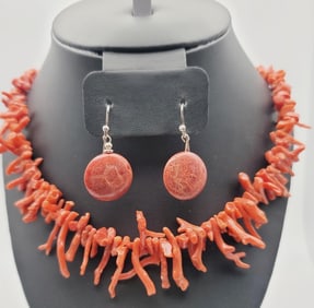 Sterling Clasp Red Coral Necklace & Earrings Necklace Measures