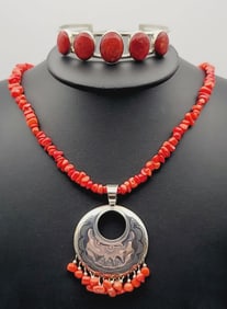 Sterling Silver Red Coral Necklace & Bracelet Necklace Measures 18"