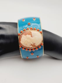 Amedeo Blue Enamel Red Coral Cameo Cuff Bracelet Measures 6"  Gold Tone Metal