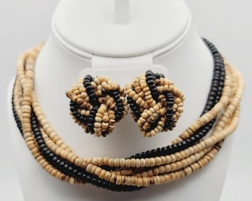 Vintage Wooden Beaded Necklace & Earrings Necklace Measures 25"  Brass Tone Metal