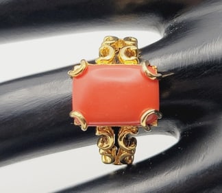 Gold Plated Sterling Silver Coral Ring Ring Weighs 5.8 Grams  Size 9