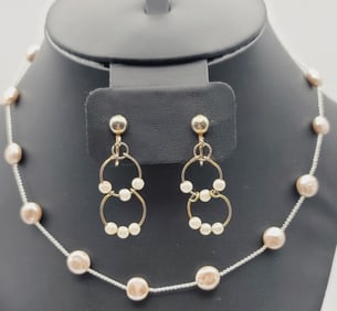 Vintage Mixed Metal Pearl Necklace & Earrings Necklace Measures 16" Gold and Silver Tone Metal