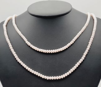 Baby Pink Pearl Double Strand Necklace Necklace Measures 23"  Gold Tone Metal