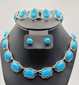 JBK Silver Tone Turquoise Necklace Earrings Set Necklace Measures 17.5"