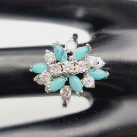 Sterling Silver Turquoise and Rhinestone Ring Ring Weighs 4.5 Grams  Size 8  Metal Not Stamped