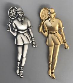 Signed JJ Gold Tone & Pewter Lot of 2 Ladies Tennis Racket Brooch Pins