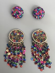 Vintage Lot of 2 Clip Earrings Multicolor Sequins Circa 1980’s