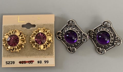 Vintage Lot of 2 Clip Earrings Lisner Deadstock Purple Gold Tone Jeweled