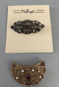 Singed JJ Jeweled and Filigree detail Lot of 2 Brooch Pins Deadstock Purple