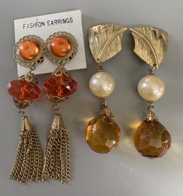 Vintage Lot of 2 80’s Long Dangle Faceted Earrings Clip