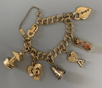 Signed Monet Vintage Sweet 16 Gold Tone Charm Bracelet with Safety