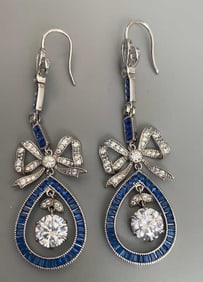 Vintage Blue and Clear Crystal Drop Earrings Not signed Measures 2.5" ? length