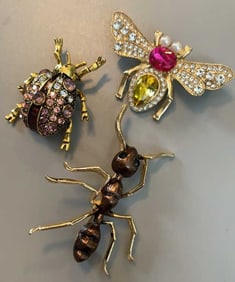 Lot of 3 Bug Pins Brooches Includes Beetle, Bee and Ant.  New condition.