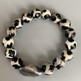 Handmade Tibetan Agate and Sterling Bracelet Beaded Stretch Bracelet Black, white and beige.