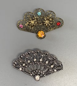 Lot of 2 Fan Brooches Avon Antique Czech Glass Marcasite