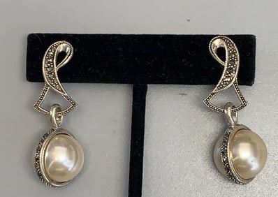 Vintage Marcasite & Simulated Pearl Dangle Earring Marked 925 TH.