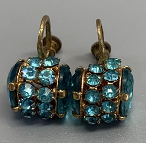 Antique Czech Gold Tone Robin’s Egg Teal Earrings Rhinestone Crystal Screw-back