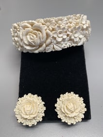 Antique Vintage Carved Japan Bangle & Earrings Featherweights Clips Earring Set 3 Pieces. See