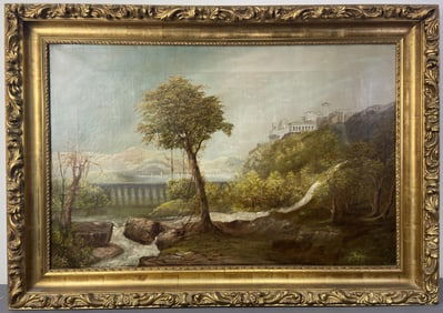 19th C. Landscape Oil Painting in Ornate Frame Oil painting from the early to mid 1800's of a