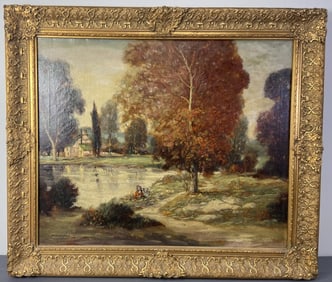 Miles J Early Oil Painting Autumn Cedar Lake Painting of a girl and dog beside a lake, tree with