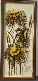 Vintage Mid Century Sunflower Oil Painting Thickly applied oil painting of sunflowers in frame,