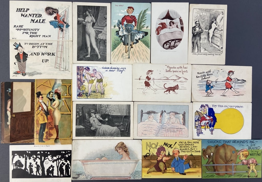 Antique Nude & Naughty Postcards Set of 18 Eighteen risqué and nude postcards from the late 19th: Eighteen risqué and nude postcards from the late 19th and early 20th century. Some light creasing, most are unused.