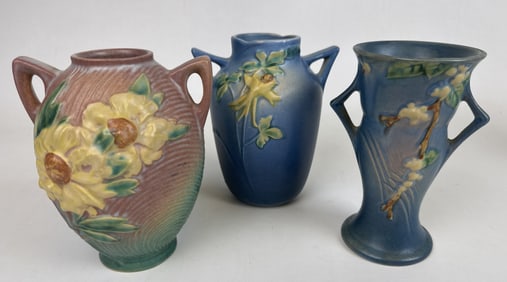 Roseville Pottery Vase Lot of 3 Large blue has a repair (handle reattached) and a chip. Other two in