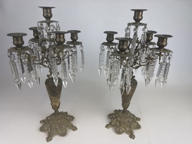 Victorian Brass Marble Cut Glass Candelabra Pair One glass hanger missing. One has broken tip.