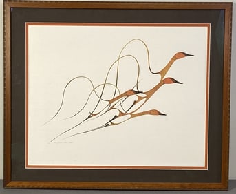 Benjamin Chee Chee Spring Flight Signed Litho Lithograph of geese in flight in oranges and browns by