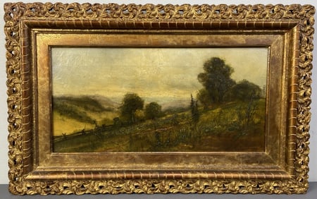 Antique 19th C Landscape Oil Painting Circa 1850's oil painting of a rural landscape with rolling