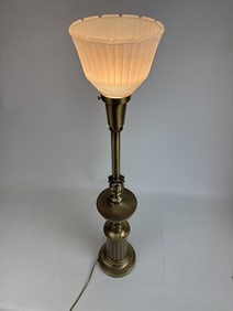 Vintage Brass Lamp Lamp measures 36" tall. Works, no makers mark. No cracks or chips in glass.